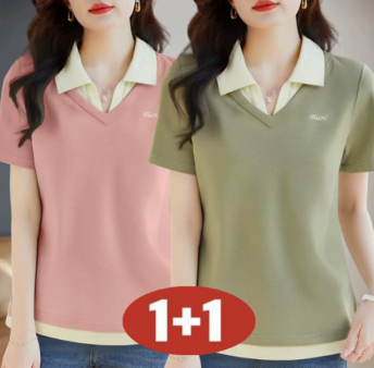 [오스틱니] 여성 여름 1+1 페이크 레이어드 카라티 반팔 티셔츠 빅사이즈 9641903956 – 28810770093