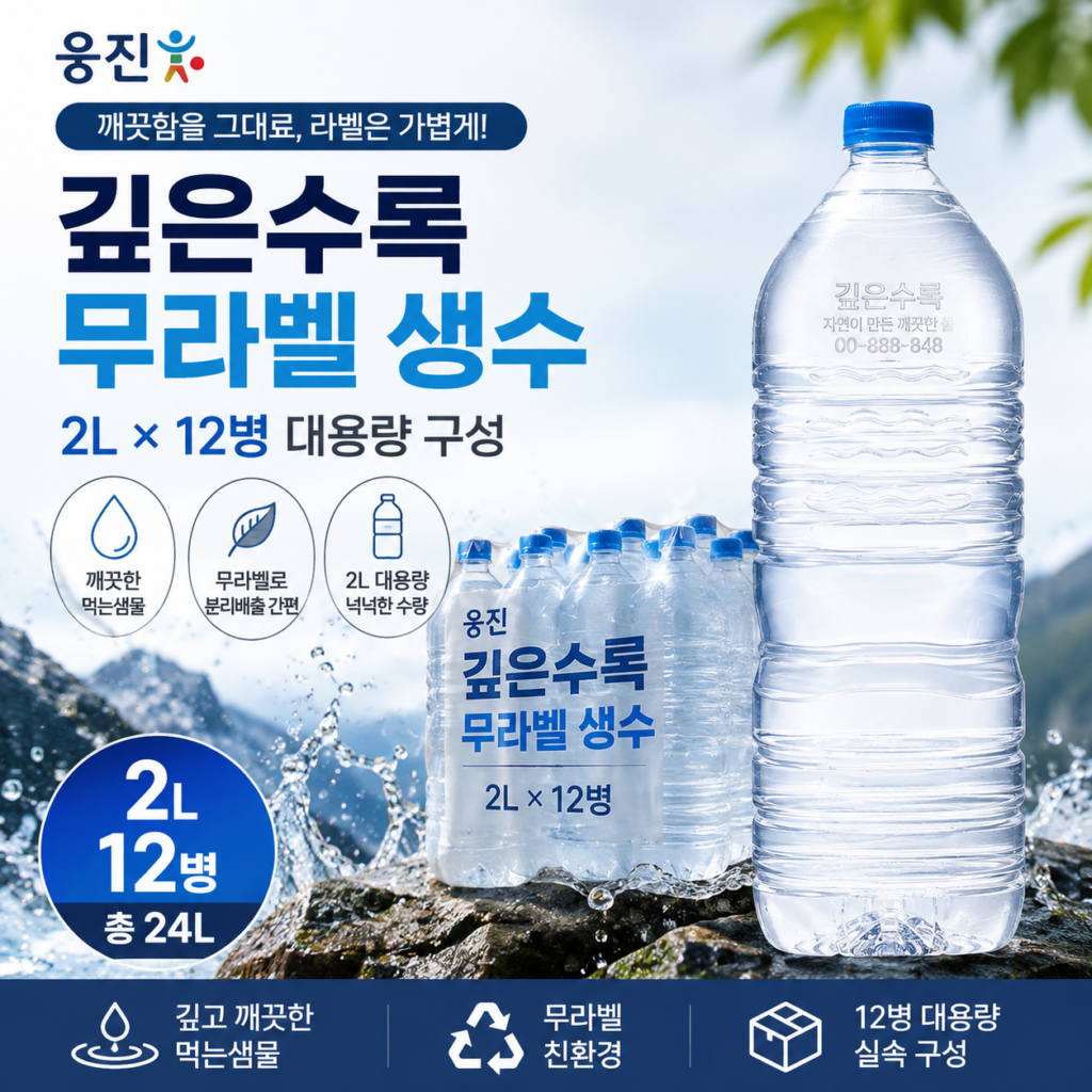 웅진 깊은수록 무라벨 생수 2L 12병 대용량 먹는샘물 YJ-DSR-2L12-2026 제품 이미지
