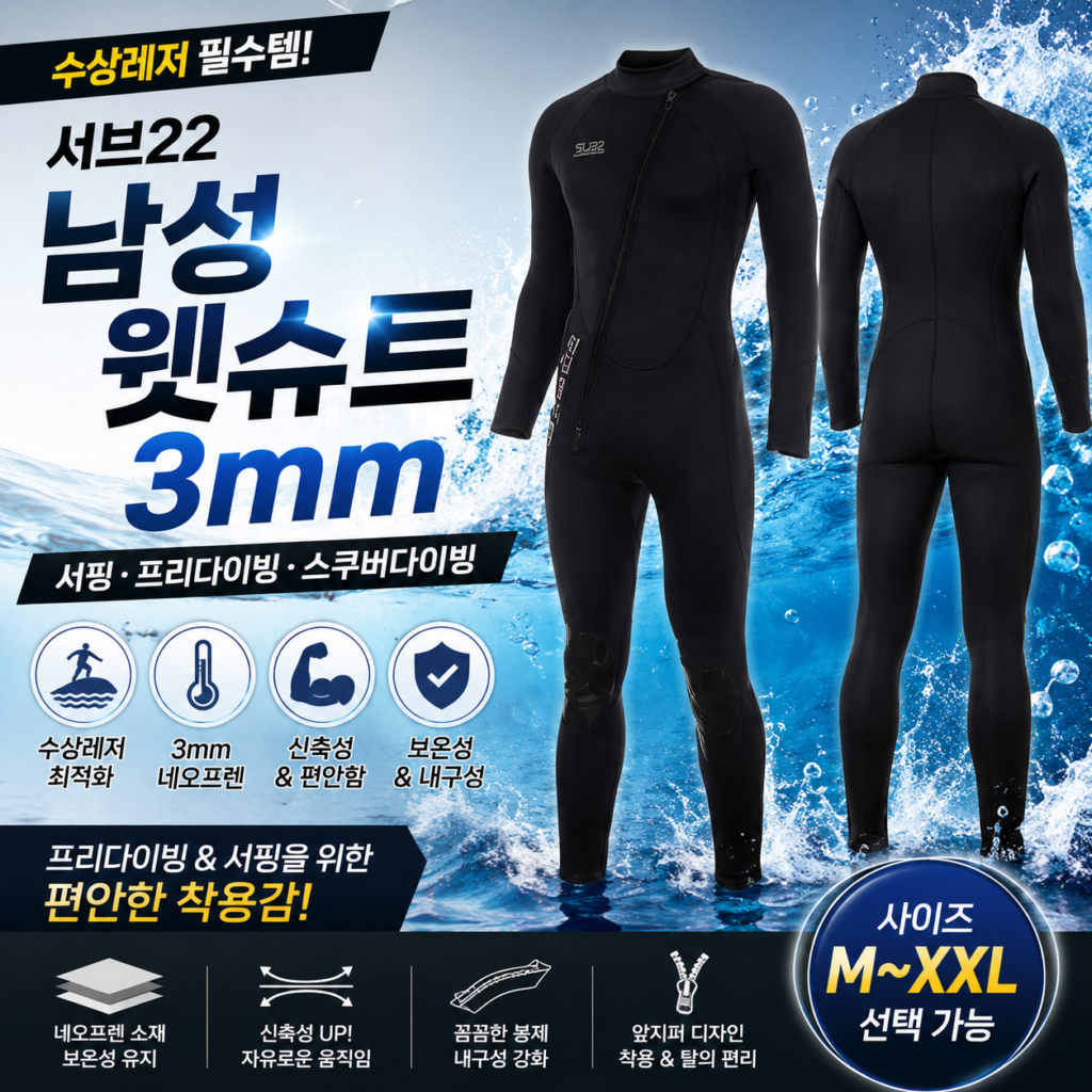 서브22 남성 3mm 웻슈트 전신 잠수복 서핑 프리다이빙 스쿠버다이빙 블랙 SUB22-MWS-3MM-BK 제품 이미지